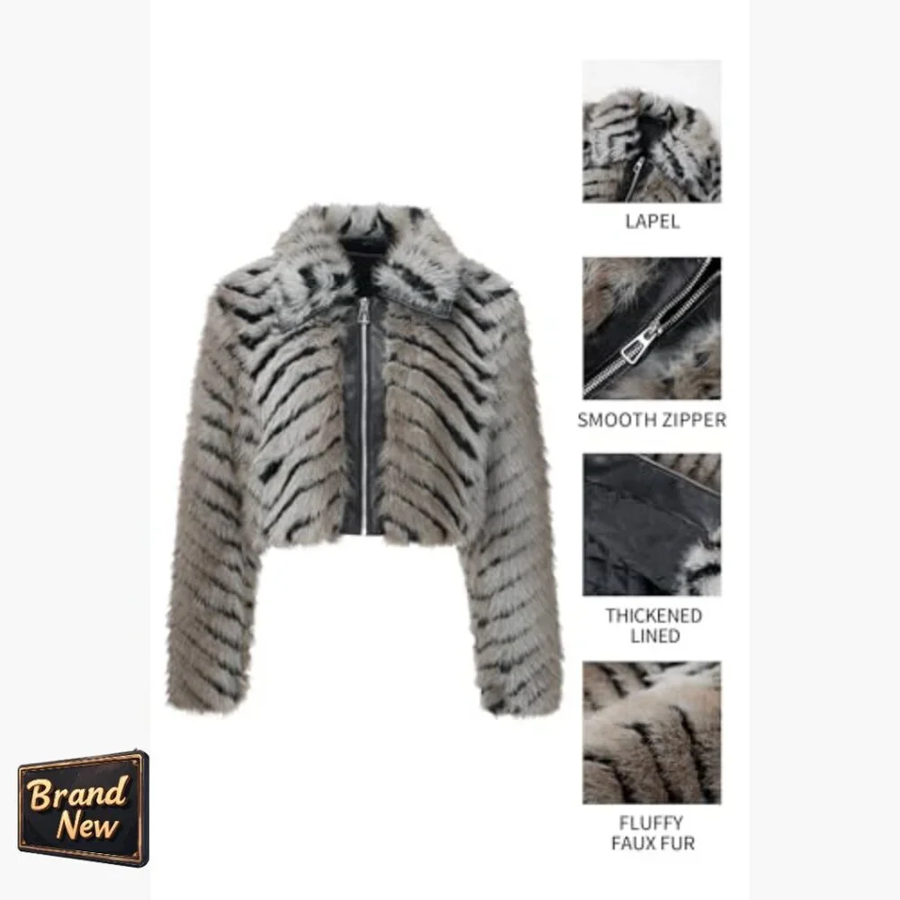 Faux Fur Leather Jacket Cropped Fleece Coat Warm Fluffy Zip Outerwear - Picture 4 of 7